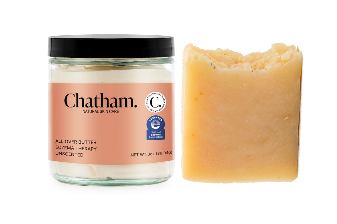 Eczema care bundle featuring one jar of All Over Butter and two Eczema Relief Oatmeal Soaps for soothing, moisturizing sensitive skin.