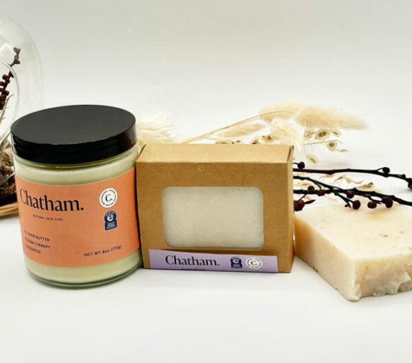 Eczema care bundle featuring one jar of All Over Butter and two Eczema Relief Oatmeal Soaps for soothing, moisturizing sensitive skin.