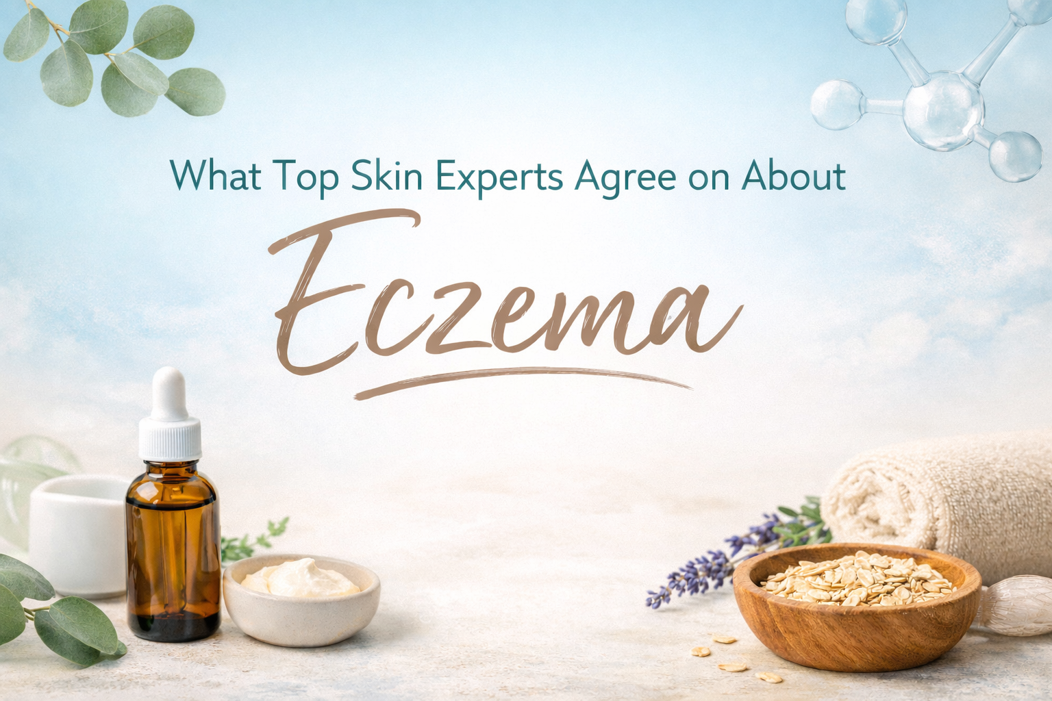 Blog header image reading ‘What Top Skin Experts Agree on About Eczema’ with calming blue background, skincare oils, cream, oats, and natural botanicals.