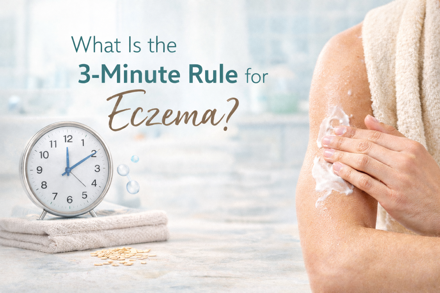 Blog header image reading ‘What Is the 3-Minute Rule for Eczema?’ showing a clock and a person applying moisturizer to damp skin.